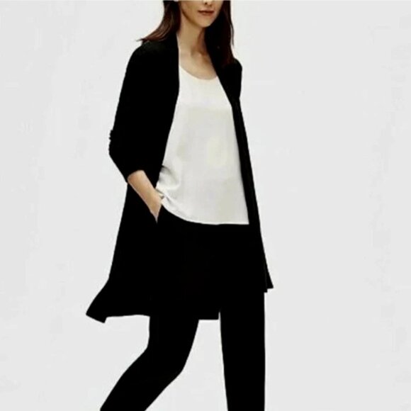 Eileen Fisher Black Longline Open Cardigan Organic Cotton Blend Quiet Luxury M - Picture 1 of 8
